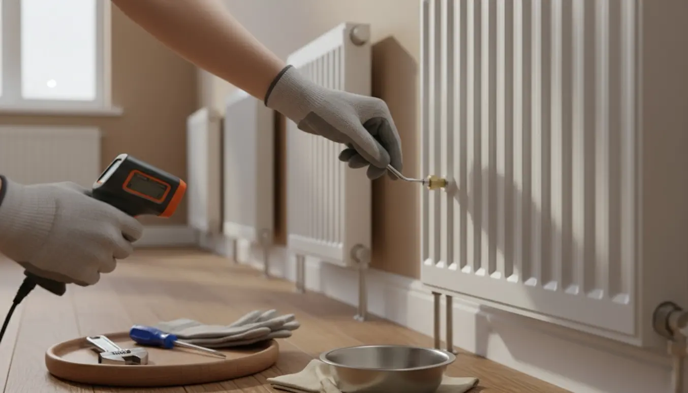 Hænder udlufter en vægmonteret radiator i en lys gang med fem radiatorer og værktøj ved siden af.