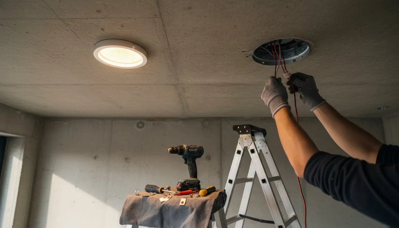 Hænder monterer og justerer to LED-armaturer i et betonloft.