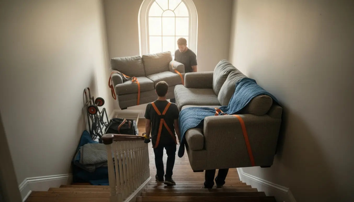 To sofa-moduler bæres ned ad en trappe mod en åben varevogn, den ene tung, den anden lettere.