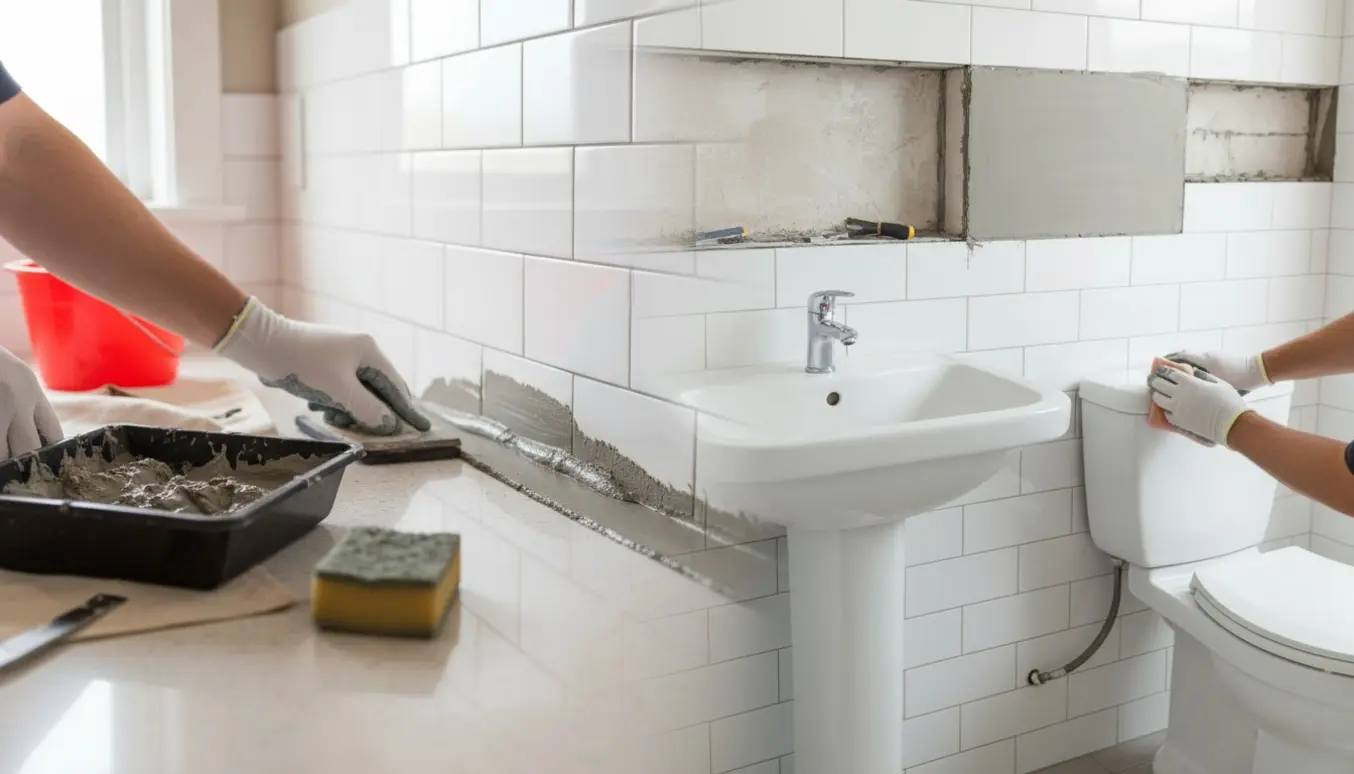 Nærbillede af handsker, der påfører grå og hvide fuger ved køkkenbord, håndvask og bruseniche.