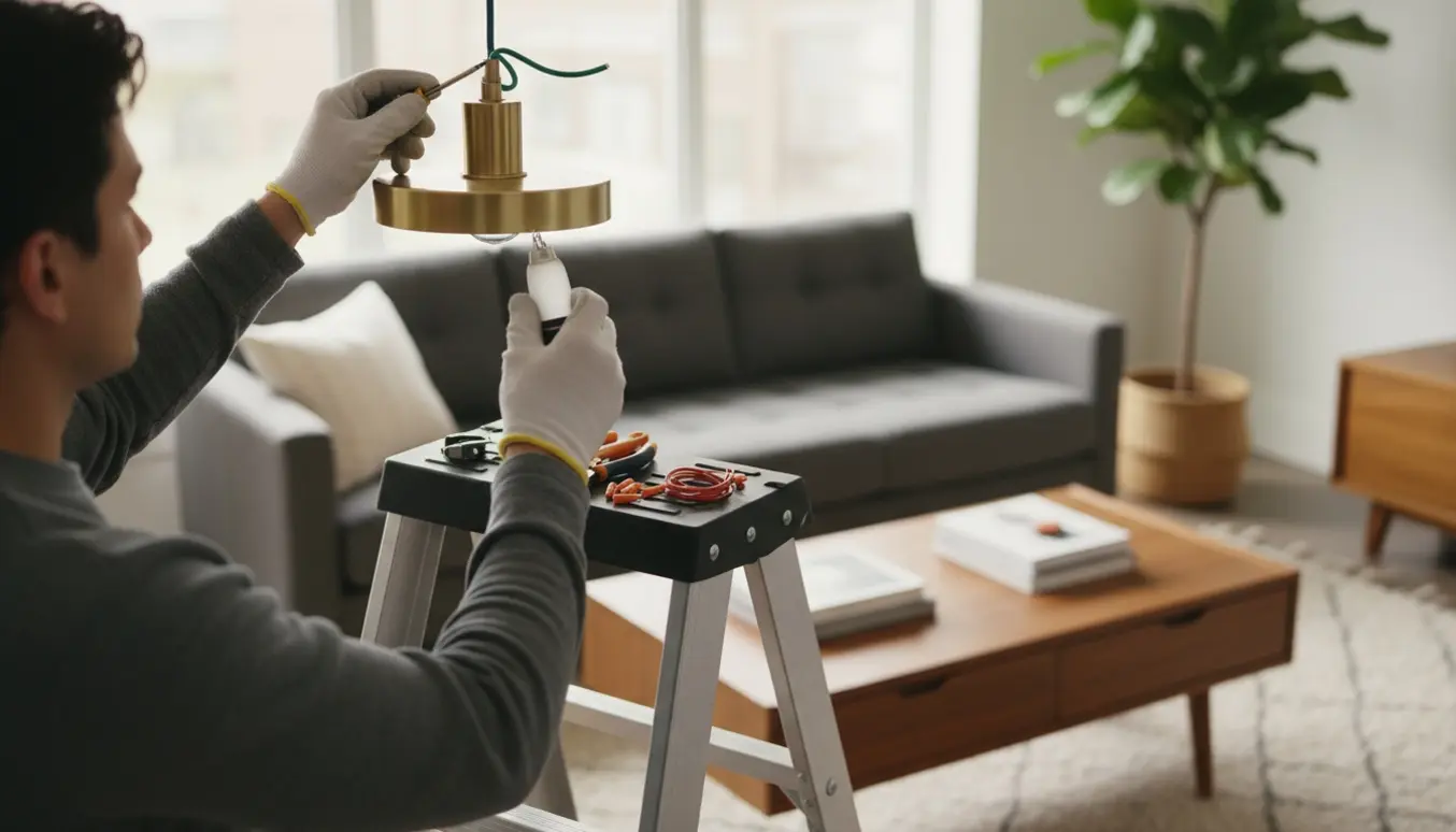 Person på stige monterer en pendel over stuen, med fokus på hænder og lampe.