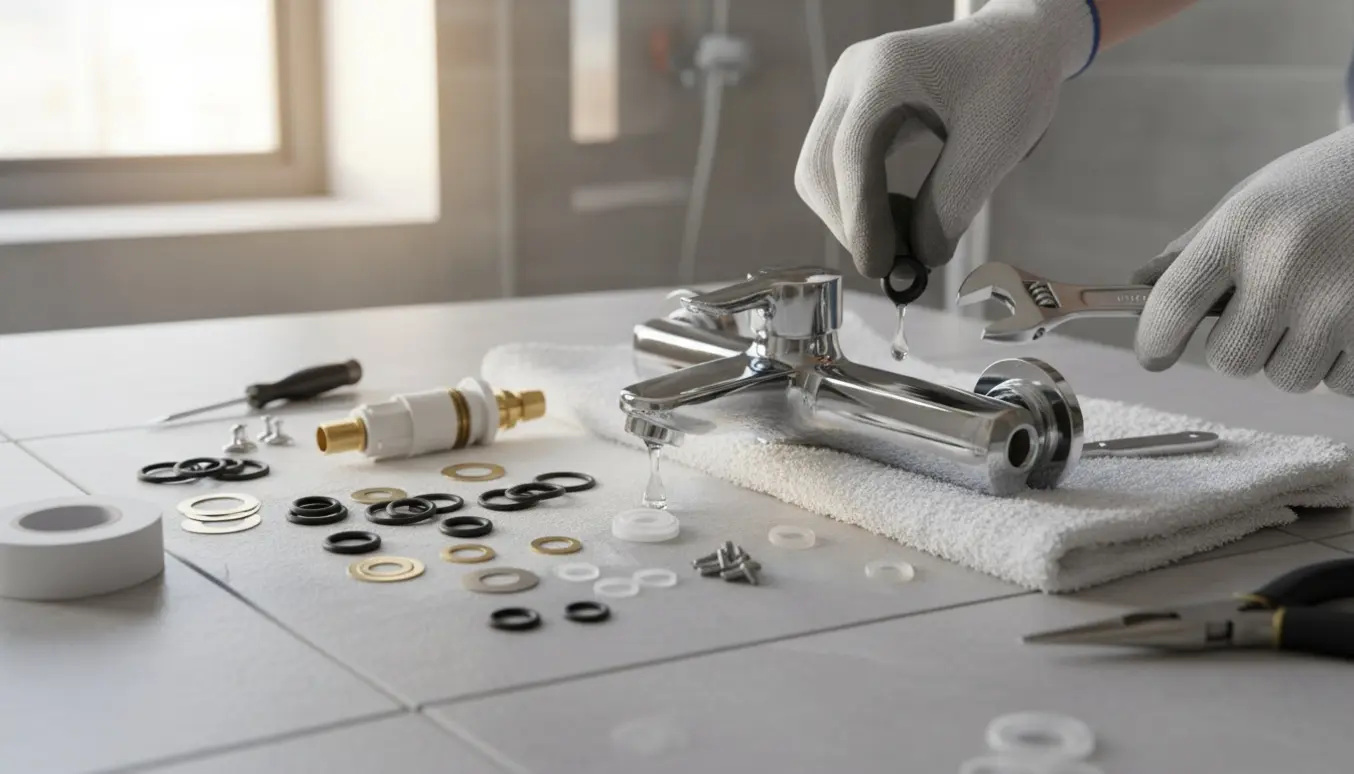 Nærbillede af hænder der samler en krom bruserarmatur med pakninger og værktøj, et lille vanddryp ses.
