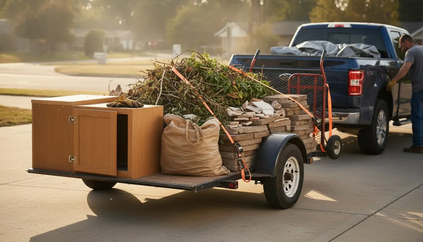 Sorteret blandet affald på en trailer med adskilt skab, haveaffald og bunker af fliser.