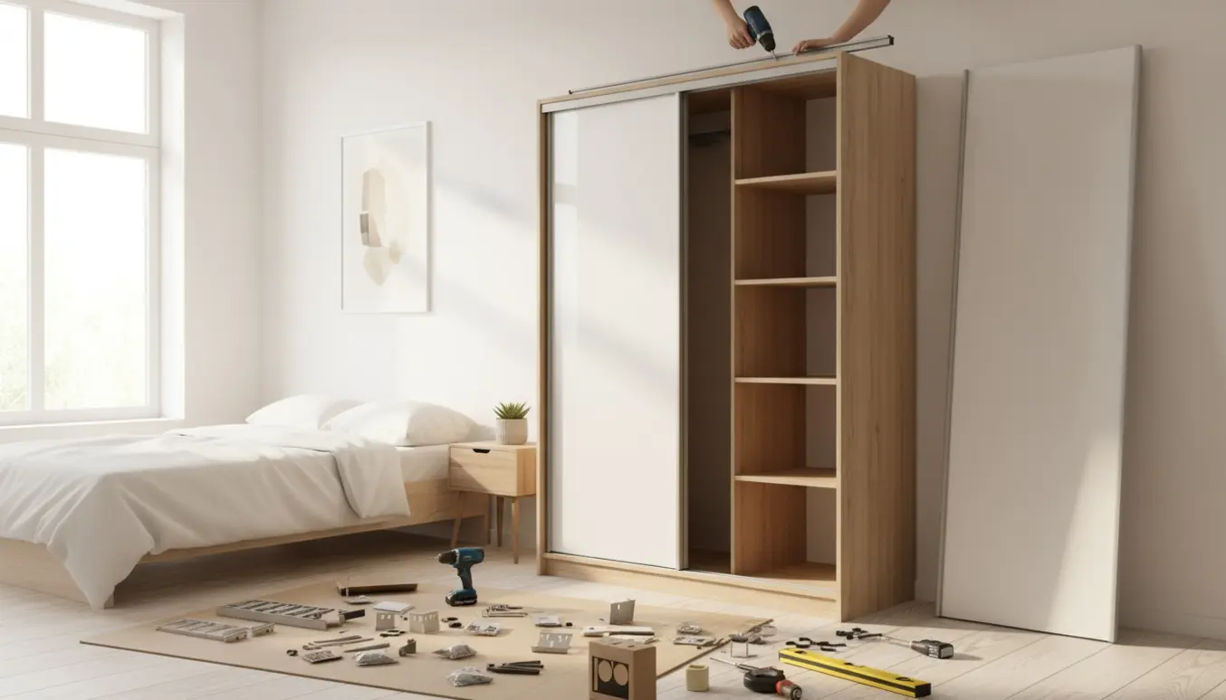 Delvist samlet skab med skydedøre i et soveværelse, værktøj og hænder i arbejde.