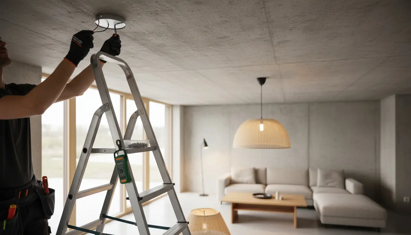 Nærbillede af hængning af loftslampe på stige under råt betonloft, med værktøj og en færdig lampe i baggrunden.