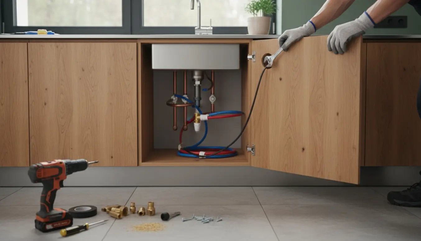 Åben køkkenskab med eksponerede rør, elkabel og et fjernet skab klar til montering af opvaskemaskine.