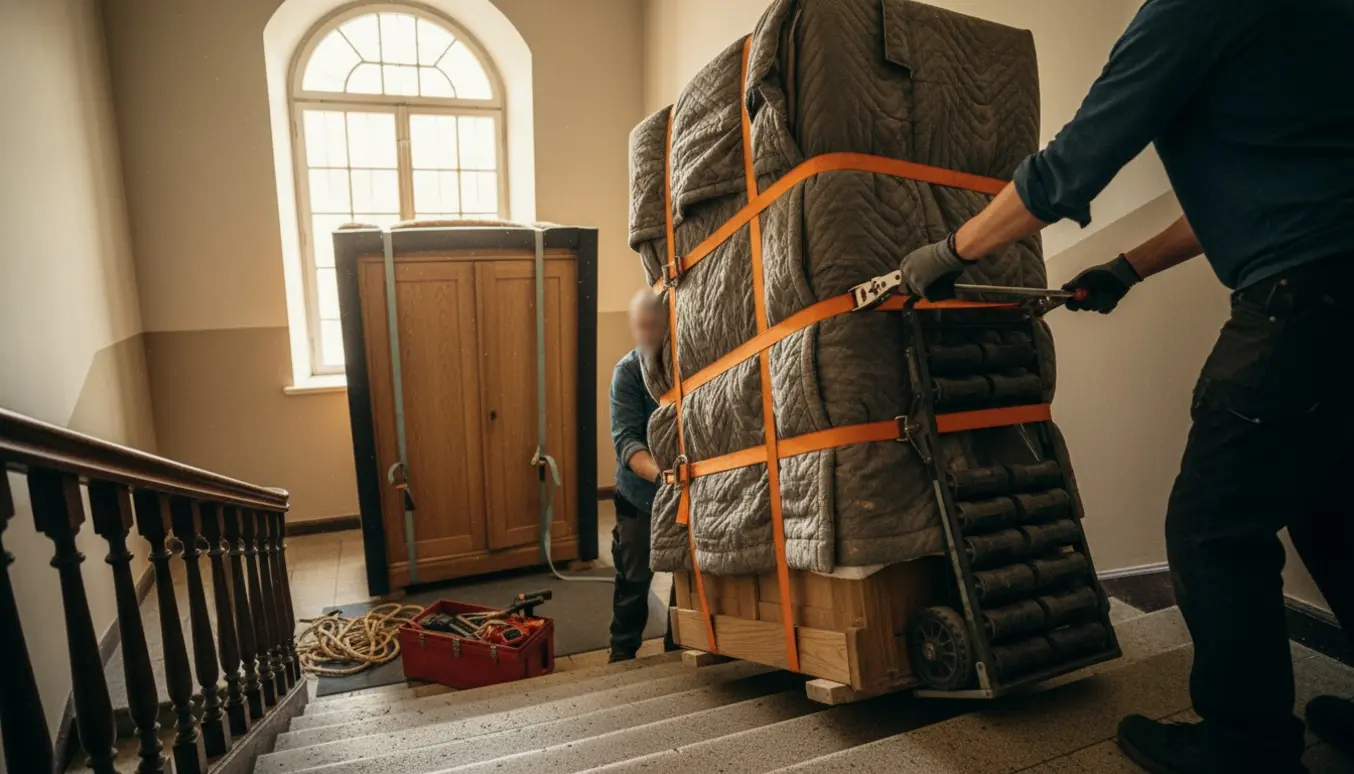 To personer flytter to tunge antikke skabe op ad en smal trappe med flyttetæpper og stropper.