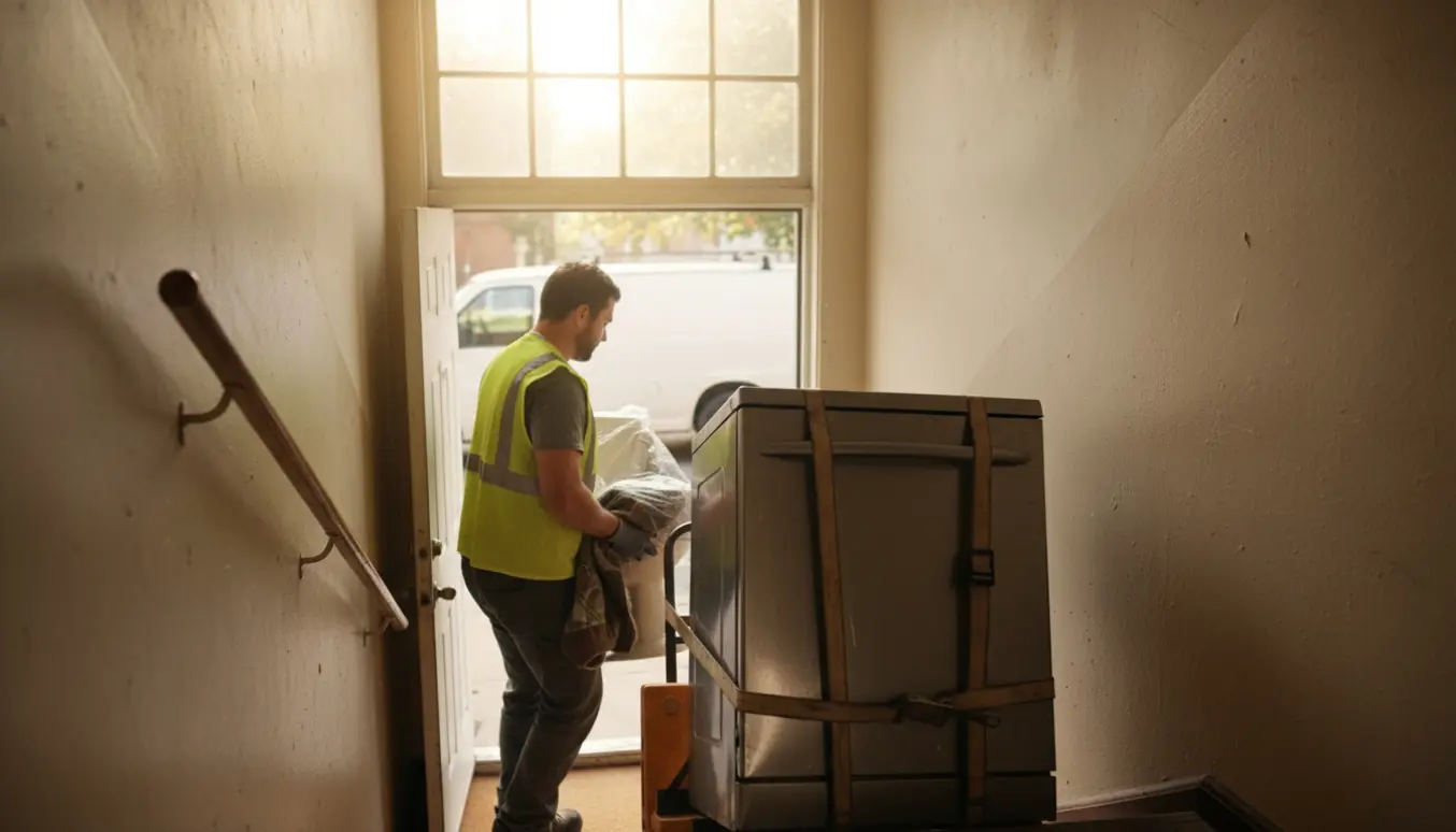 To flyttefolk bærer en opvaskemaskine og et indpakket toilet ned ad en trappeopgang mod en varevogn udenfor.