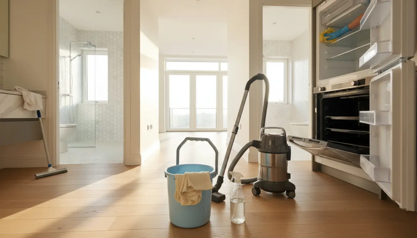 Lyst hjem under hovedrengøring med støvsuger, moppe, åben ovn og rengjort køleskab.