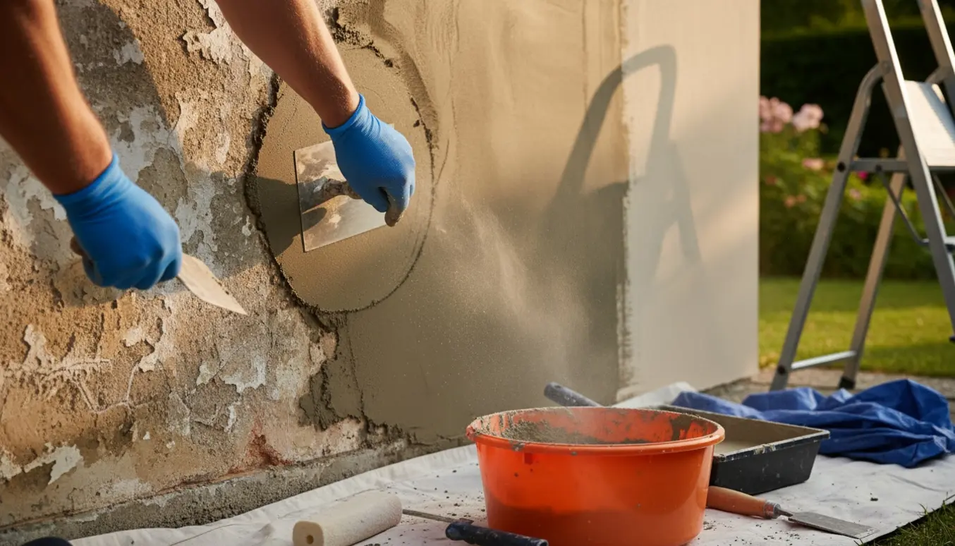 Nærbillede af handskerede hænder, der spartler og maler en krakeleret pudset facademur.