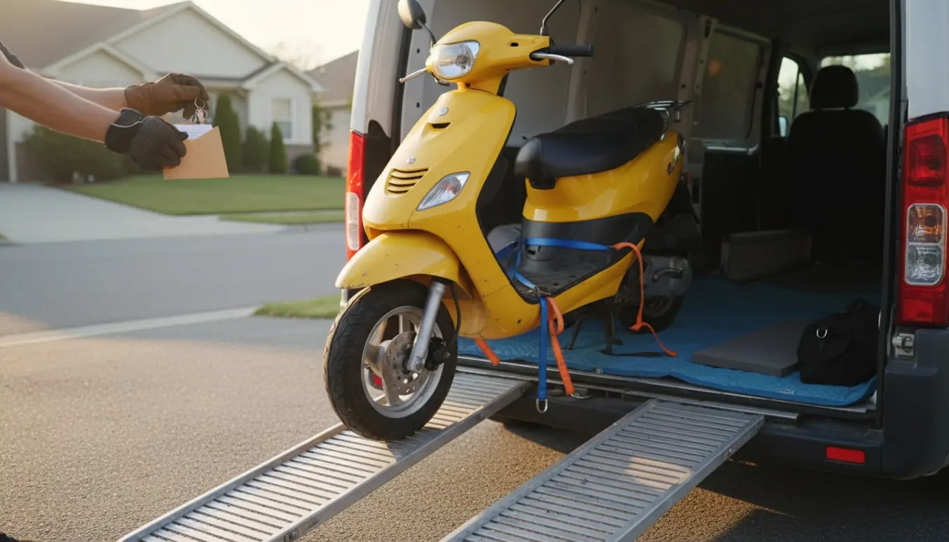 En solgt PGO-stil scooter bliver læsset på en varevogn med rampe og stropper.