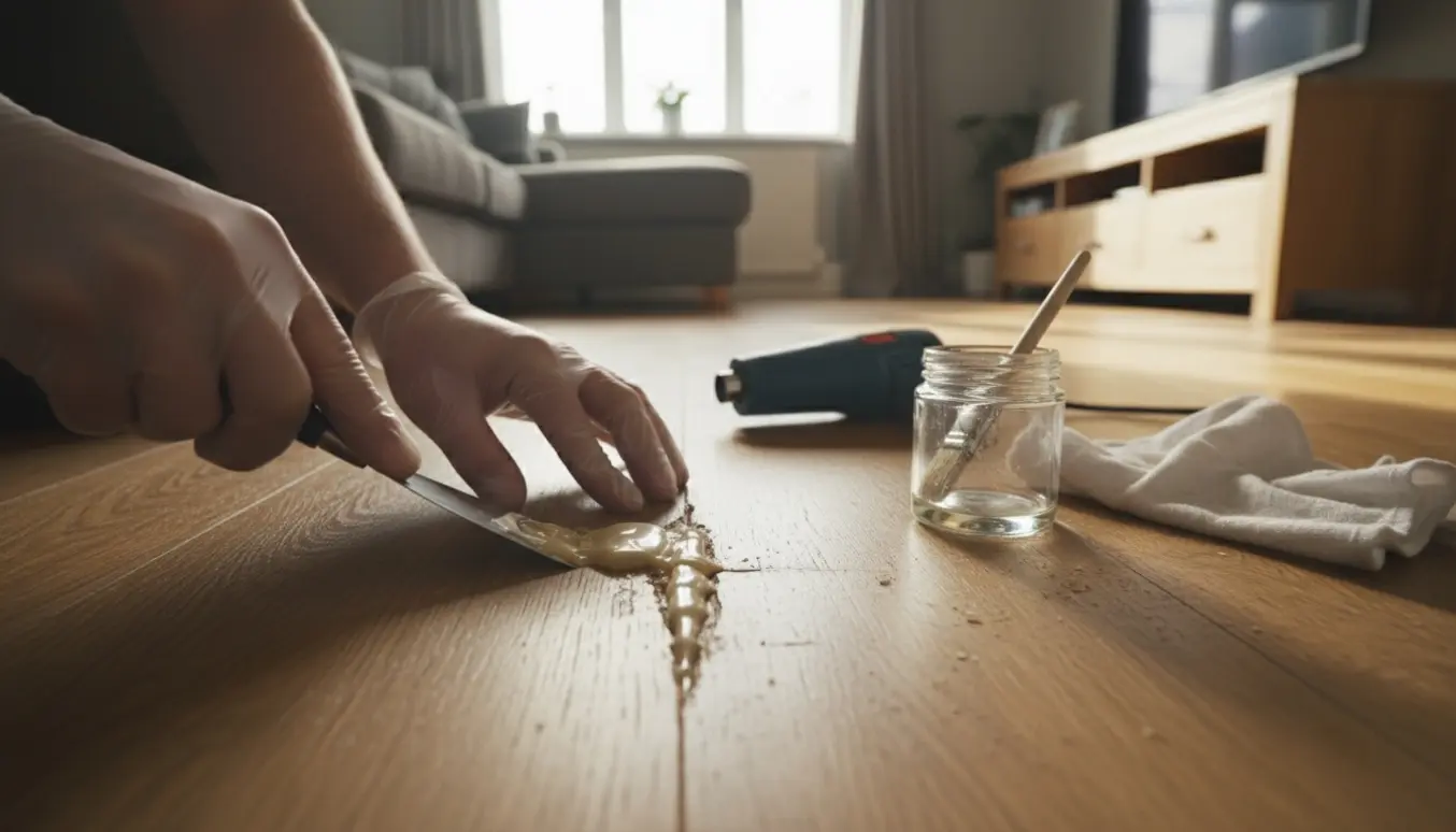 Nærbillede af reparation af trægulv i et rækkehus, hvor voks fylder en dyb rids og lak og værktøj ligger klar.