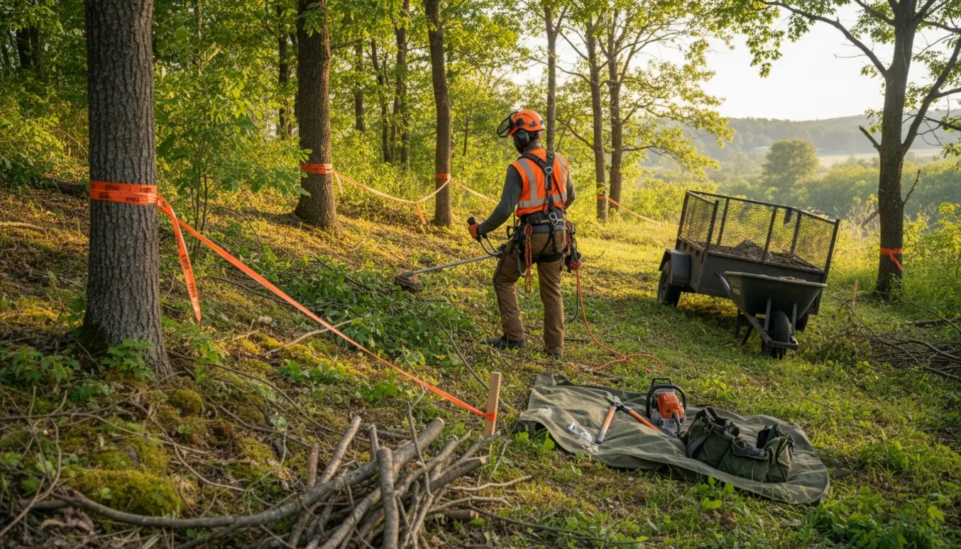 En skråning, hvor en arbejder set bagfra rydder busk og beskærer træer med værktøj og afmærkede områder.