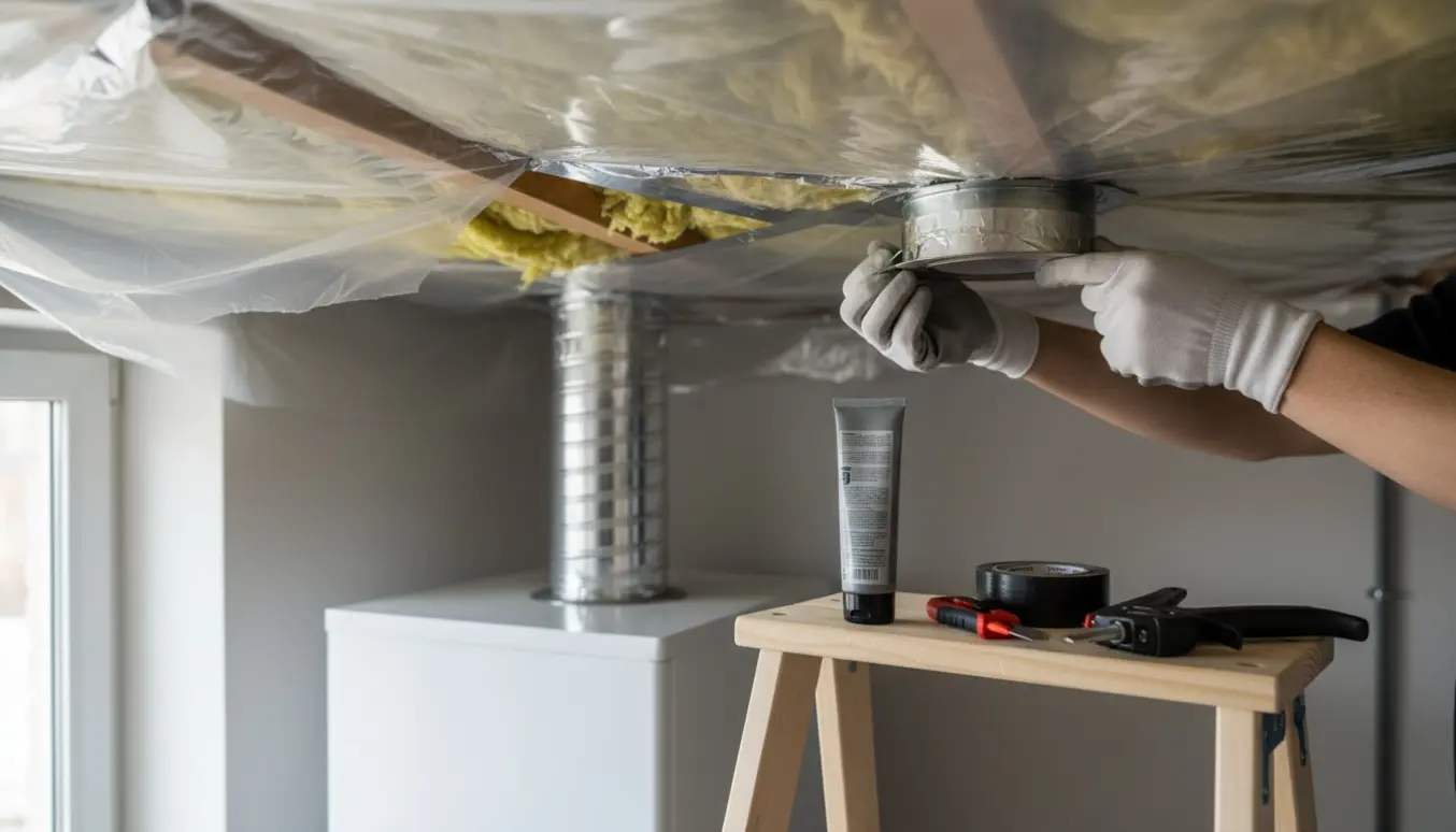 Nærbillede af hænder, der tætner dampspærre omkring et aftræksrør fra et gasfyr med alu-tape og tætning.