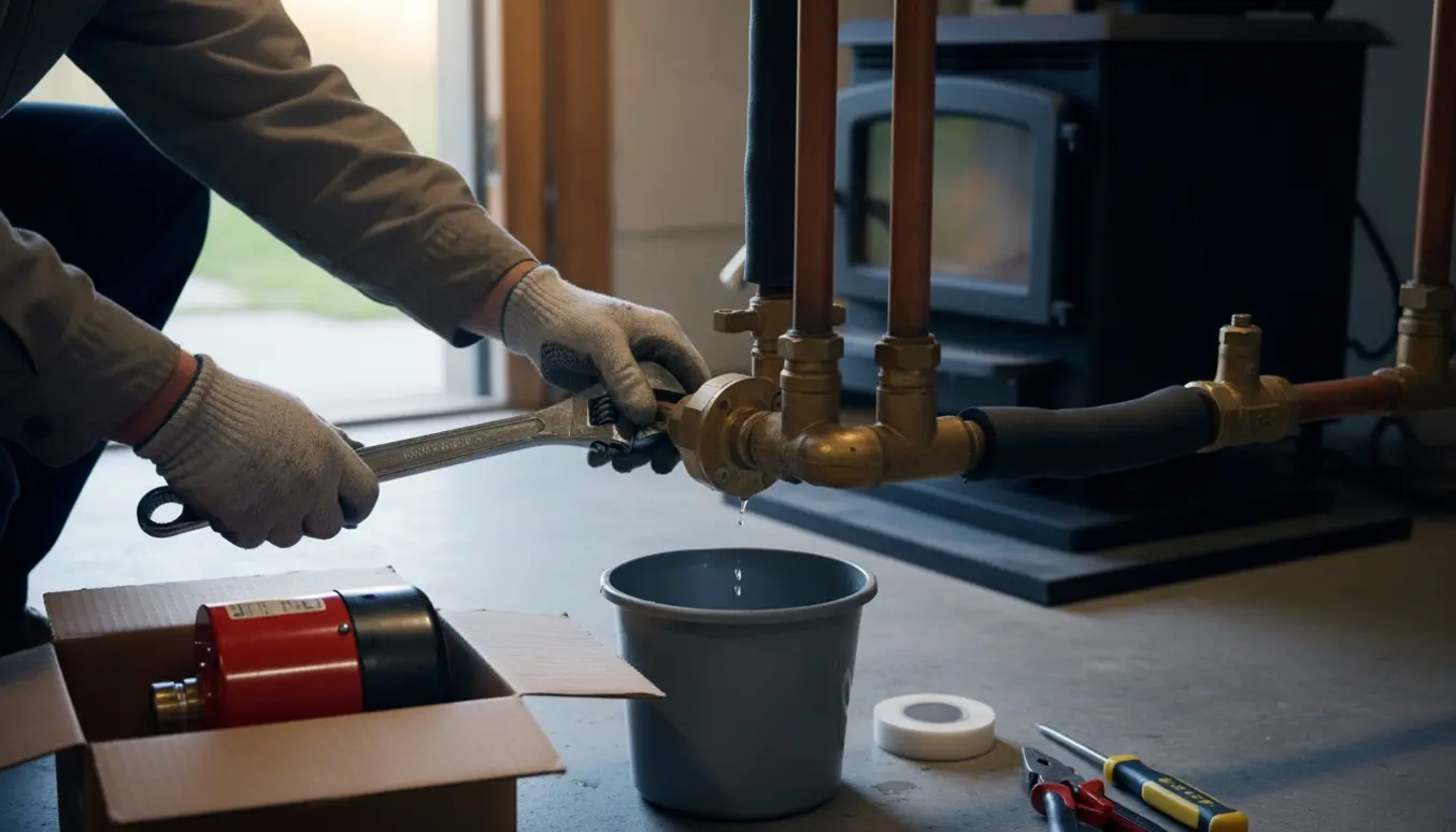 Udskiftning af en cirkulationspumpe i kælderen ved en pilleovn med værktøj og åben kælderdør.
