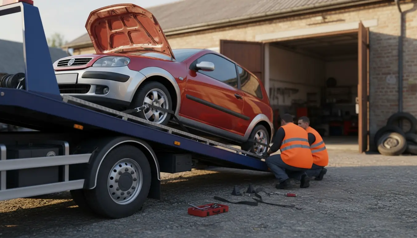 En autotransporter læsser en ustartbar personbil ved et privat værksted, mens teknikere fastgør den med stropper.