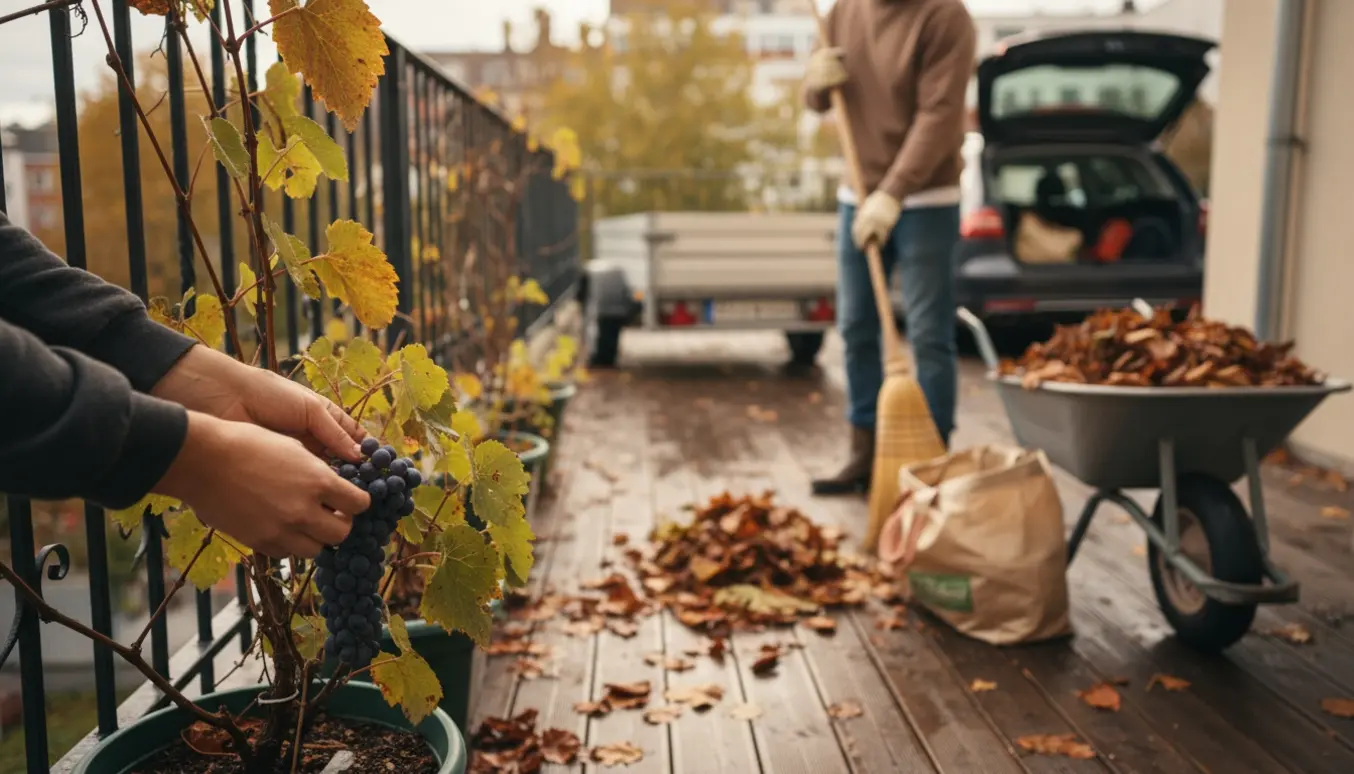 Hænder fejer og samler blade på en terrasse og plukker druer fra en vindrue i en potte.