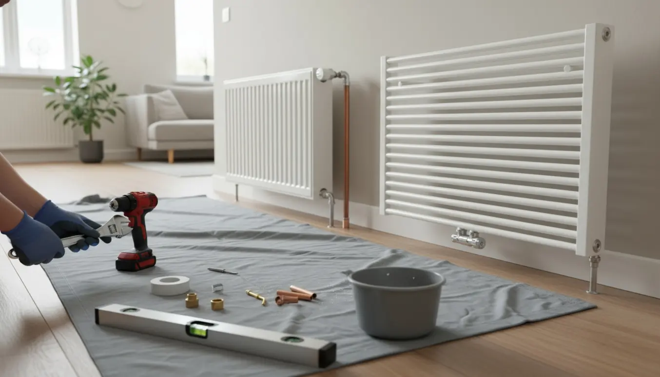 Hænder monterer en ny radiator i en stue med værktøj og den gamle radiator på gulvet.