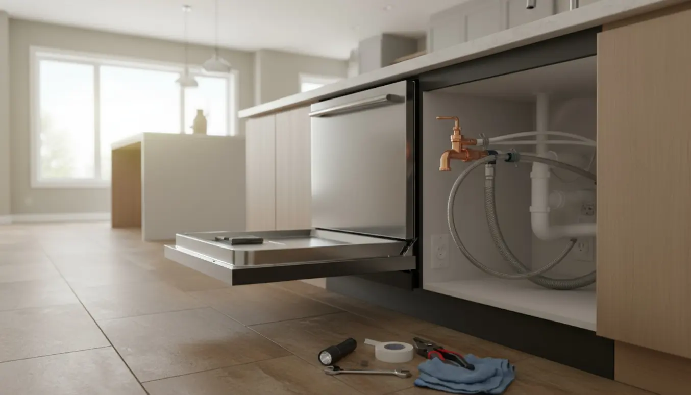 Delvist monteret opvaskemaskine under køkkenbord med synlige vand- og afløbsslanger og værktøj klar til tilslutning.