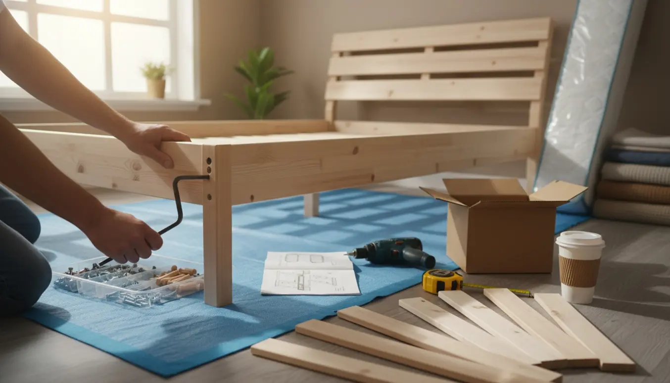 Hænder samler en fladpakket seng i et lyst soveværelse med værktøj og trælameller spredt omkring.