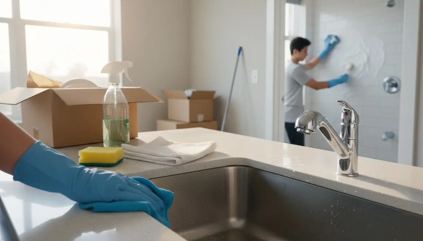 Rengøring efter flytning i moderne lejlighed med handsker, klud ved køkkenvask og badeværelse i baggrunden.