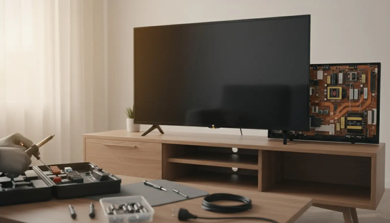 En midterstor fladskærm med blikkende standby-lys, åben bagbeklædning og værktøj klar til reparation.