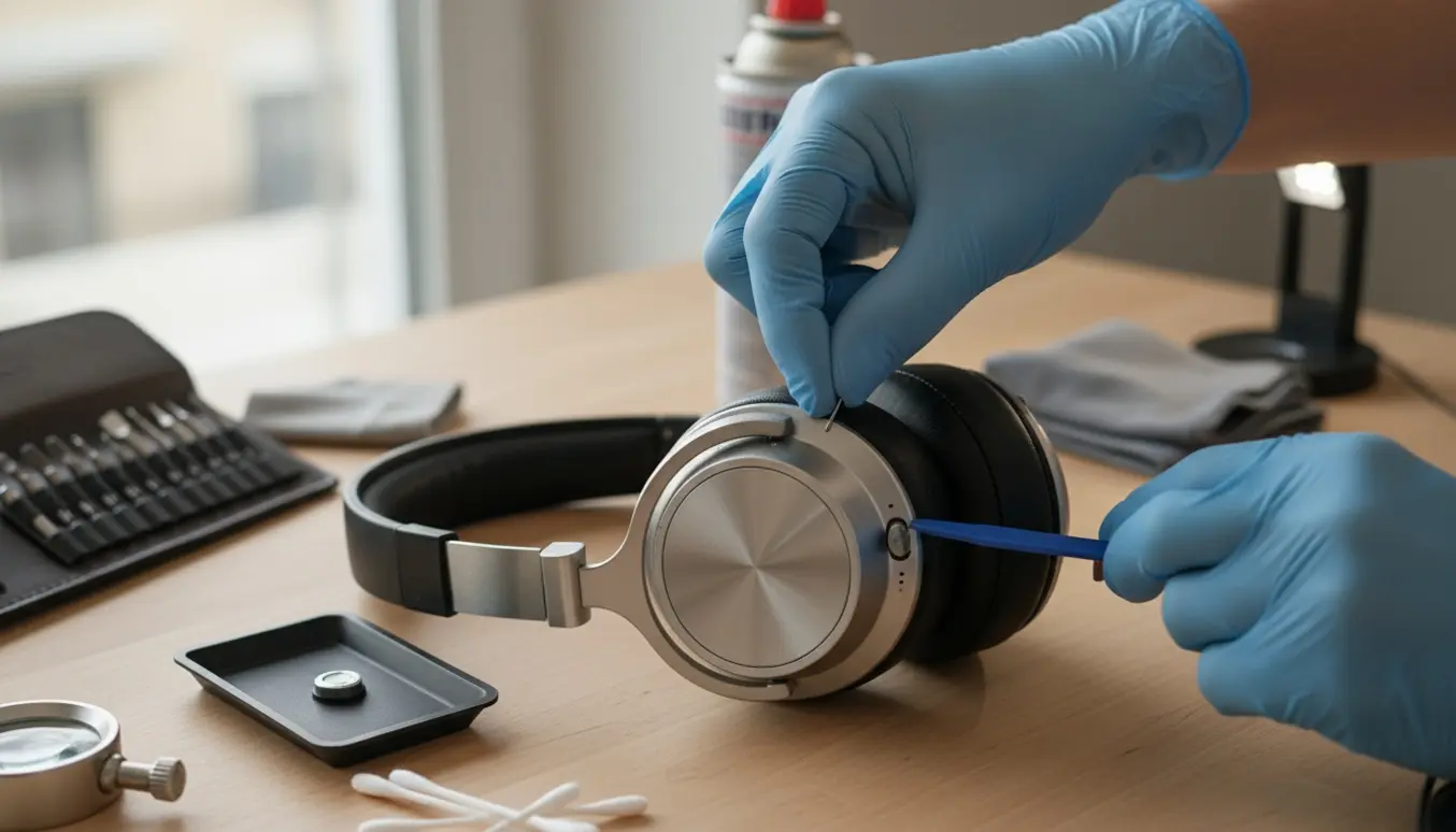 Hænder undersøger en fastklemt tænd/sluk-knap på et over-ear-headset på et lyst arbejdsbord.