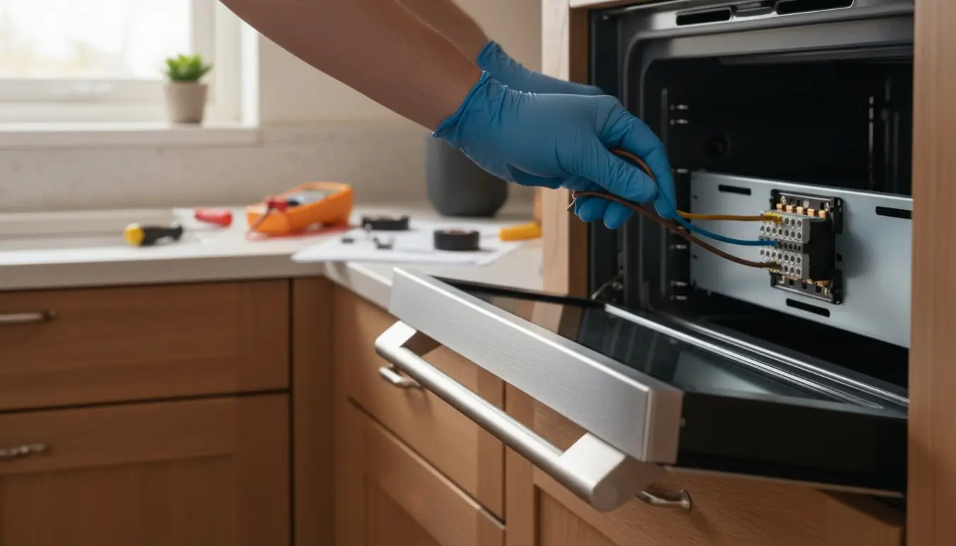 Nærbillede af en ovn i køkkenskab med handsker og isolerede værktøjer, mens elektriske kabler tilsluttes.