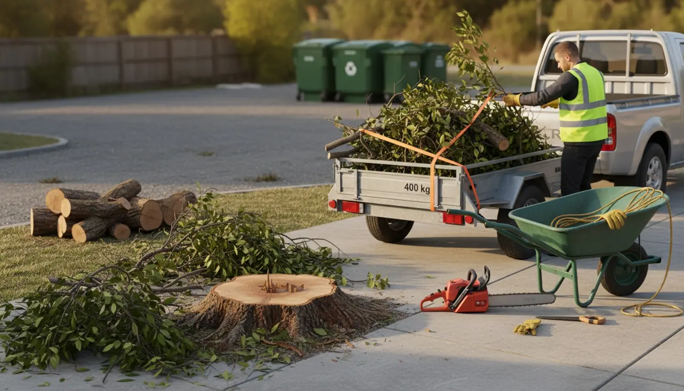 En åben trailer fuld af nyklippede grene ved en indkørsel, klar til at køres til genbrugspladsen.