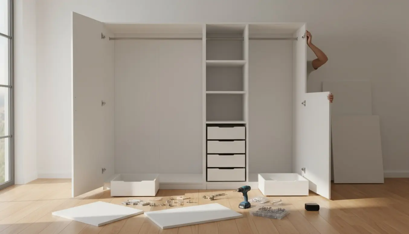 Næsten samlet hvidt Pax-garderobeskab med hylder, skuffer og værktøj i et lyst rum.