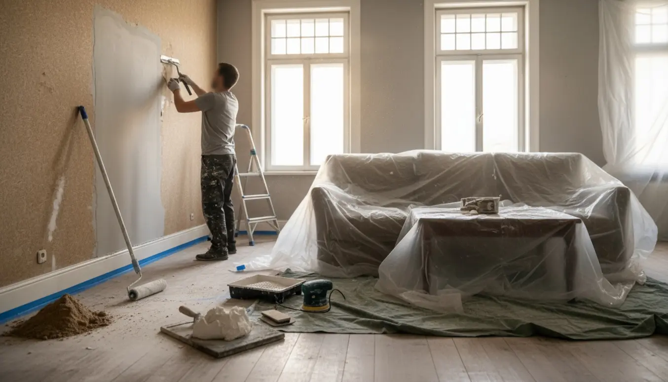 Vinkelstue under renovering med dækkede møbler, håndværker fjerner savsmuldstapet og spartelværktøj klar til at blive brugt.