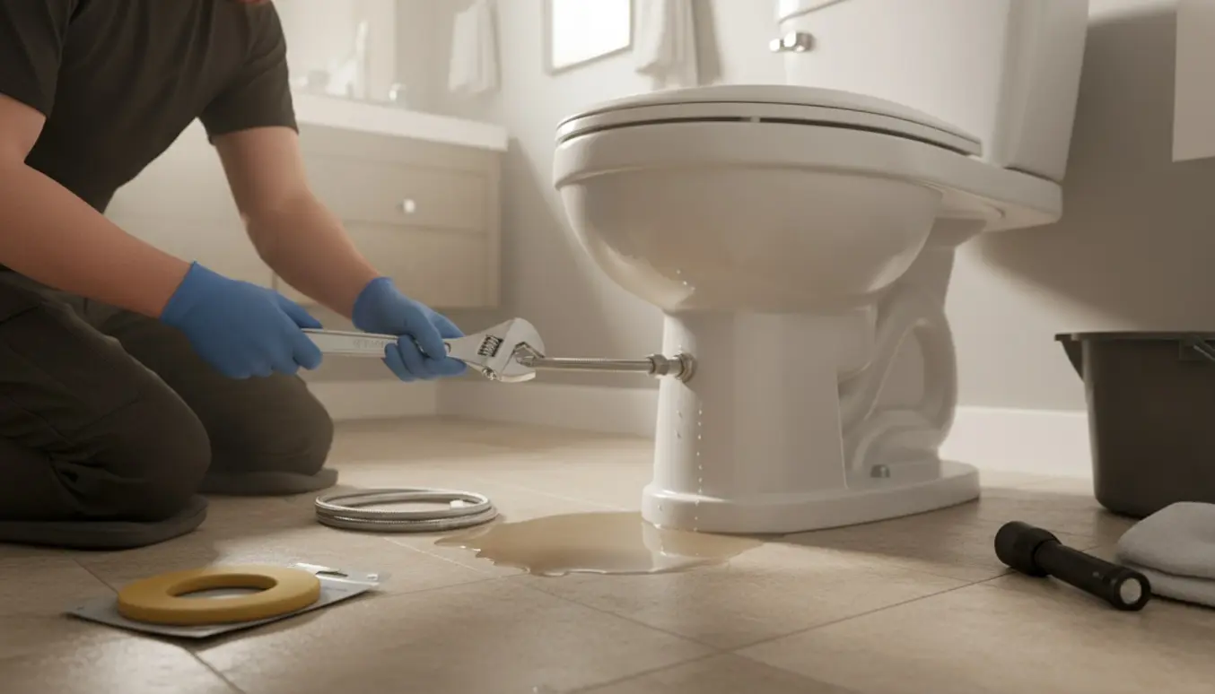 En person arbejder på en utæt toiletbund med værktøj og en lille vandpyt på fliserne.