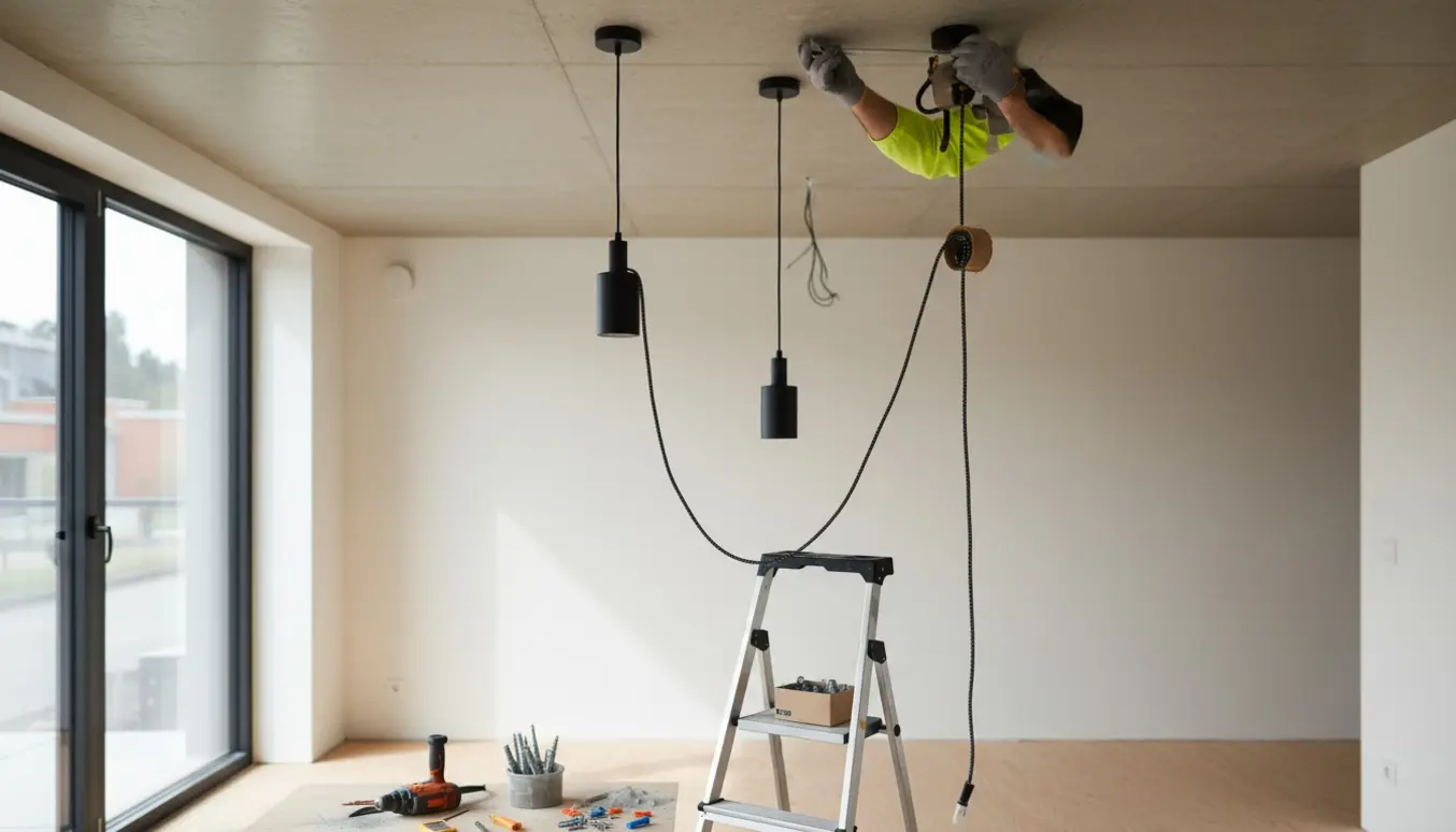 Tre loftlamper monteres i et nybygget rum med eksponeret betonloft, mens en lampe får forlænget ledning.