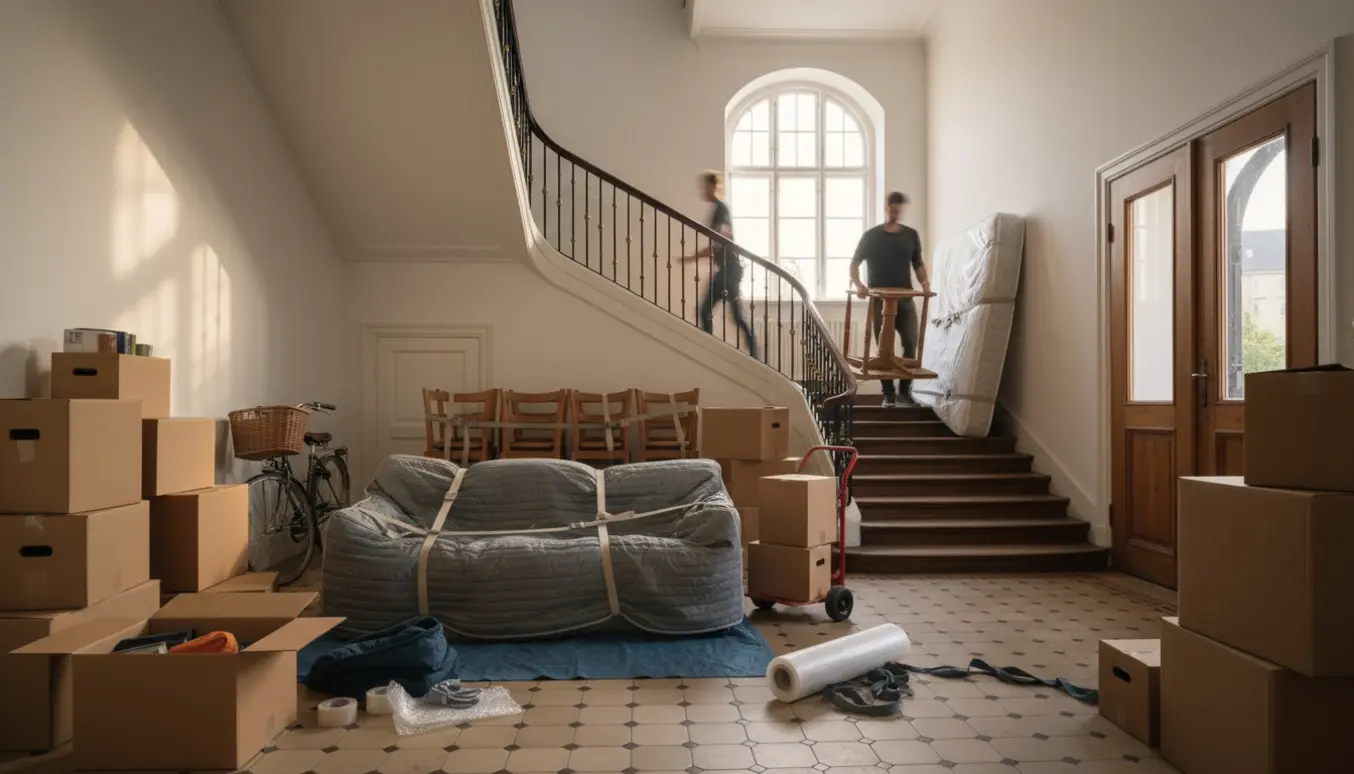 Flytning i en københavnsk trappeopgang med omkring 15 flyttekasser, sofa, seng og et spisebord med seks stole klar til at blive båret ud.