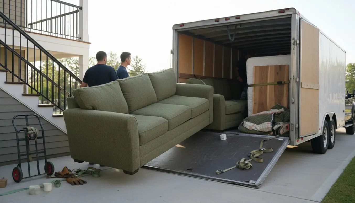 Sofa i tre dele, bordplade og boxmadras bæres fra 2. sal ind i en åben flyttetrailer.