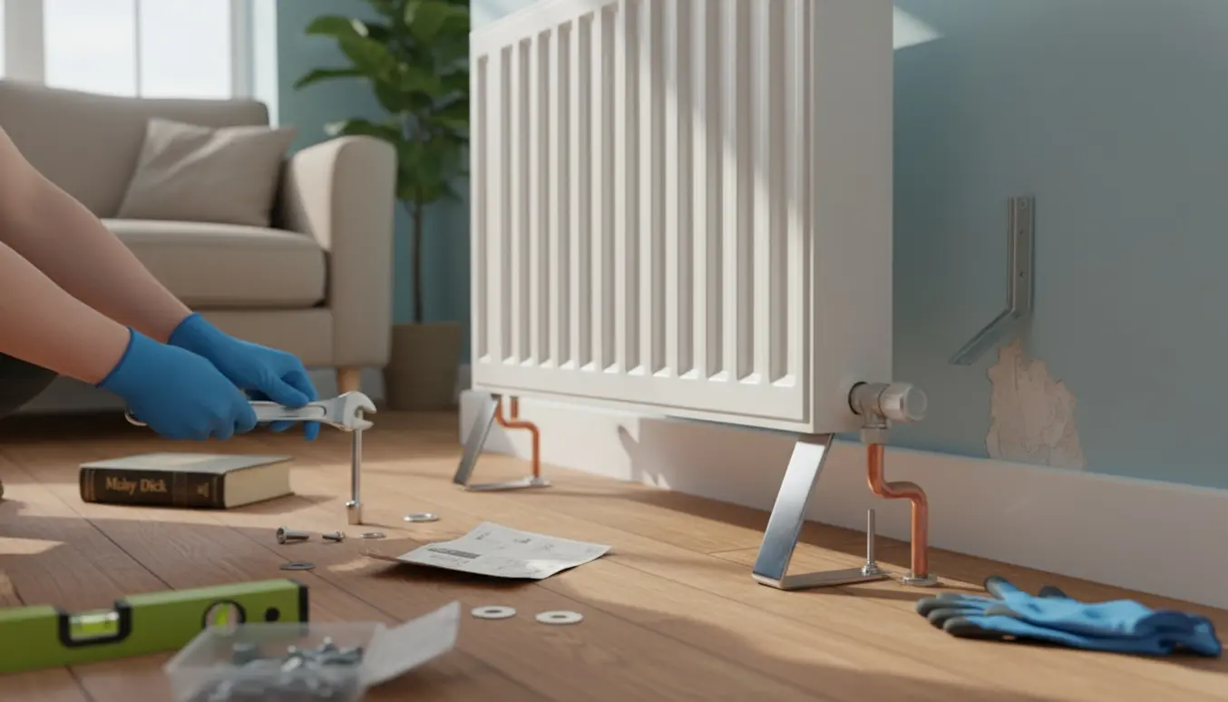 Radiator monteres på nye metalben, mens den midlertidigt stod på en stak bøger og værktøj ligger ved siden af.