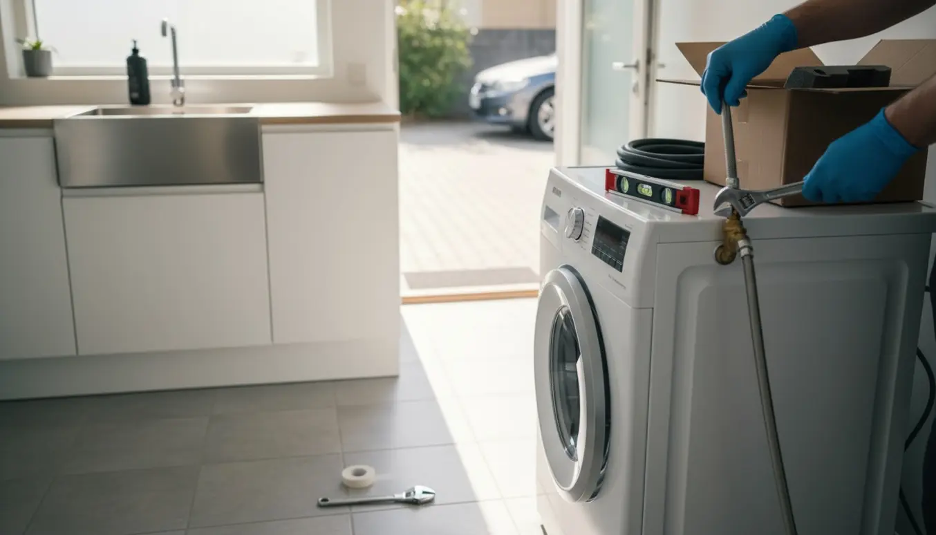 Tekniker tilslutter vand- og afløbsslanger på en ny vaskemaskine i et lyst bryggers, ansigt ikke synligt.