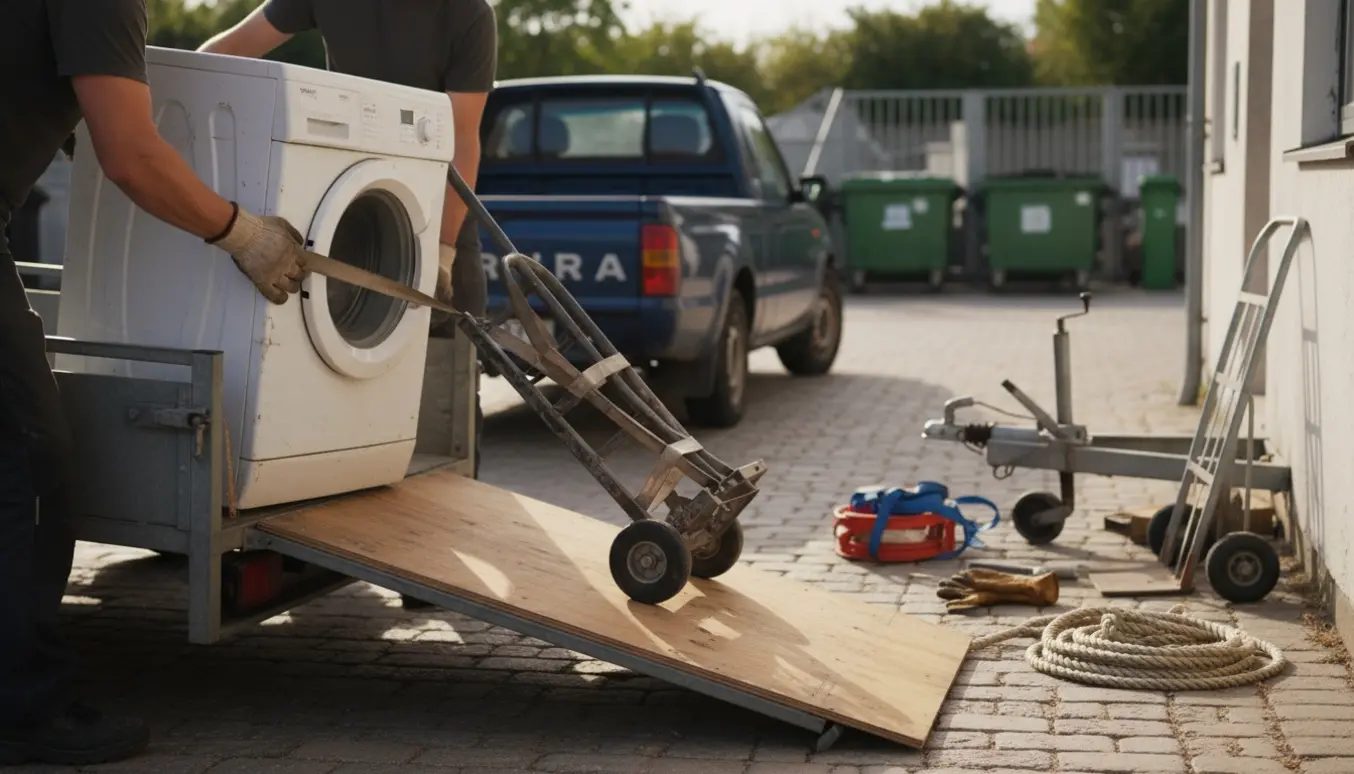 Vaskemaskine læsses på trailer i en gårdsplads klar til aflevering på genbrugspladsen.