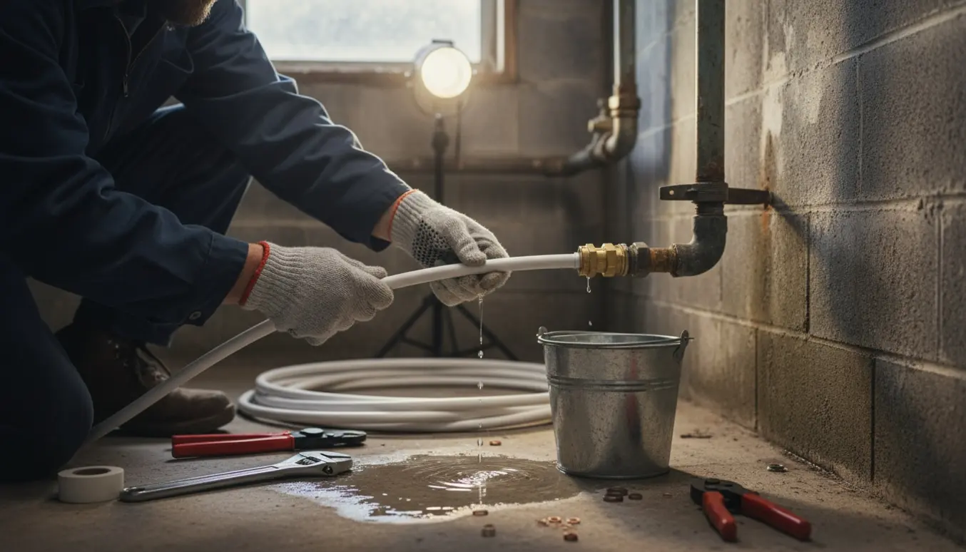 Hænder udskifter et korroderet metalrør med hvid PEX i en kælder med dryppende vand og værktøj.