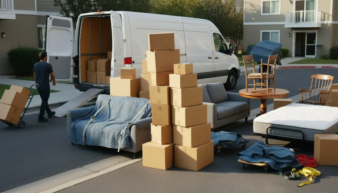 Umarkeret flyttevogn foran lejlighedsbygning mens flyttekasser, demonteret sofa og en elevationsseng bæres med ansigter vendt væk.