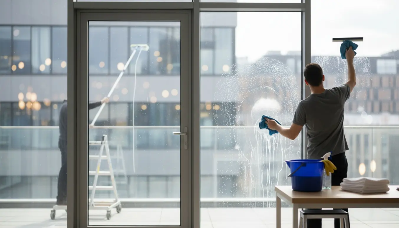 Rengøringsfolk pudser store kontorvinduer og glasgelænder ind- og udvendigt.