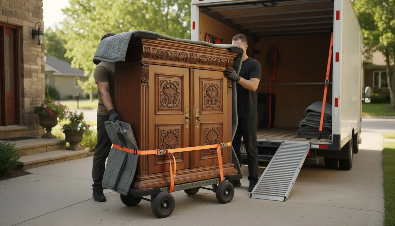 Et antikt karlekammerskab læsses på en flyttevogn med tæpper og stropper, uden synlige ansigter.