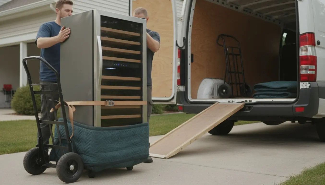 Et højt vinkøleskab bliver sikret på en flyttevogn og lastet ind i en varevogn på indkørslen.