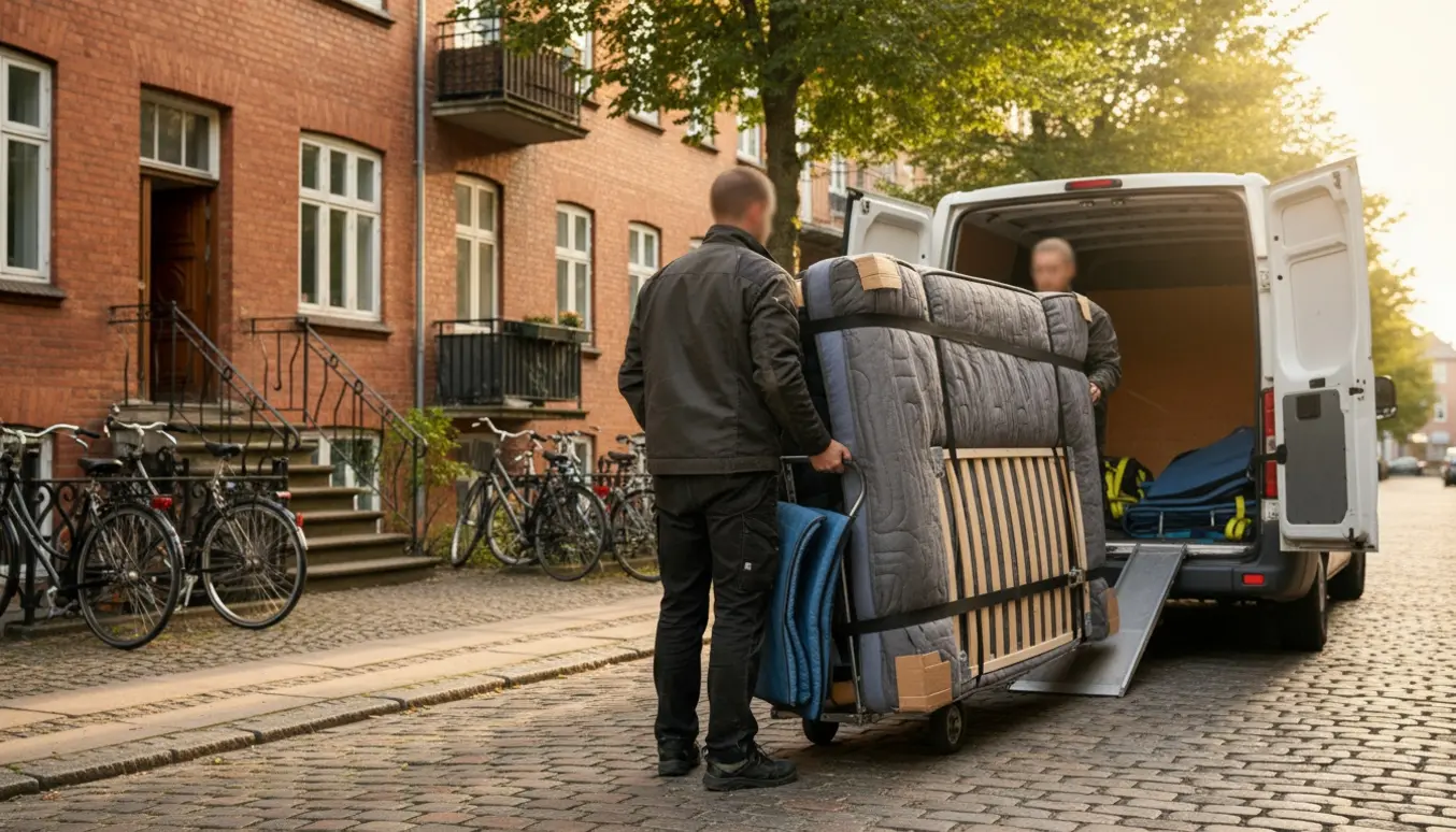 En indpakket madras og sengebund læsses ind i en lille flyttevogn foran en københavnsk etageejendom.
