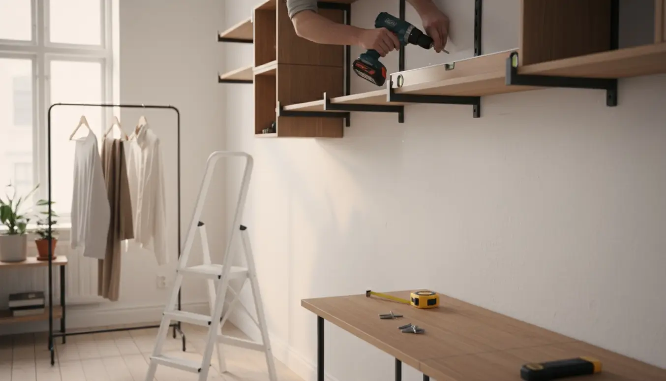 Hænder monterer modulhylder på en hvid væg ved siden af et tøjstativ i et lyst, skandinavisk rum.