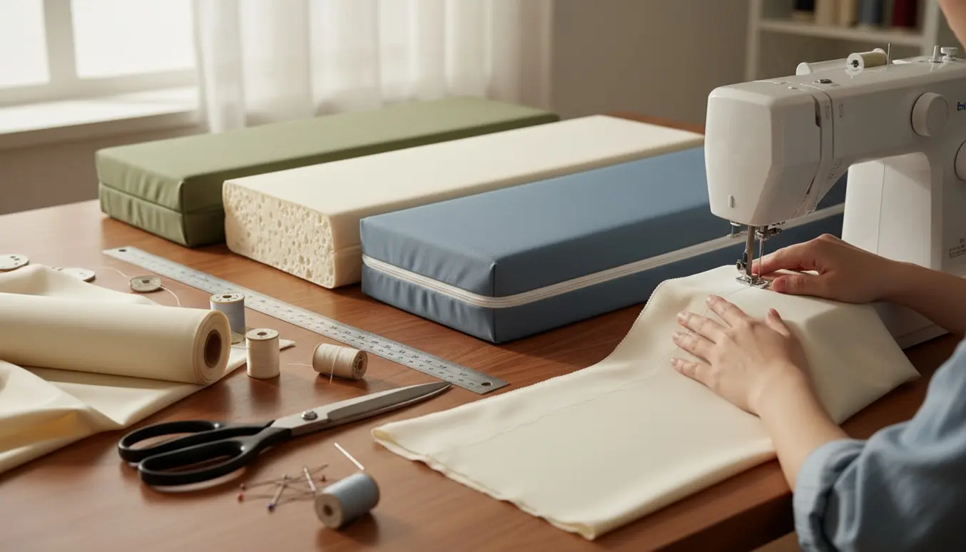 Hænder syr polyesterovertræk til lange koldskumshynder ved en symaskine i et lyst værksted.