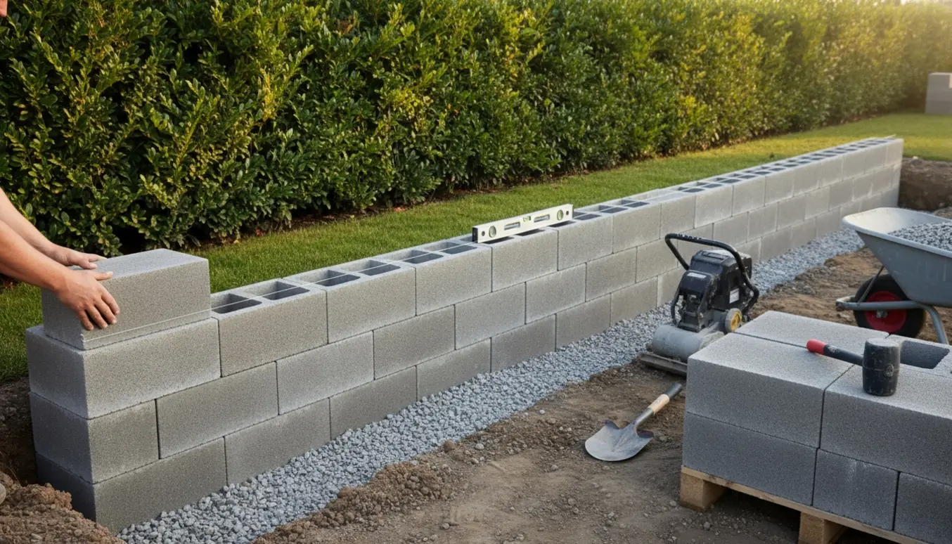 Delvist opført grå betonstøttemur langs en hæk med stabler af sten og værktøj i forgrunden.