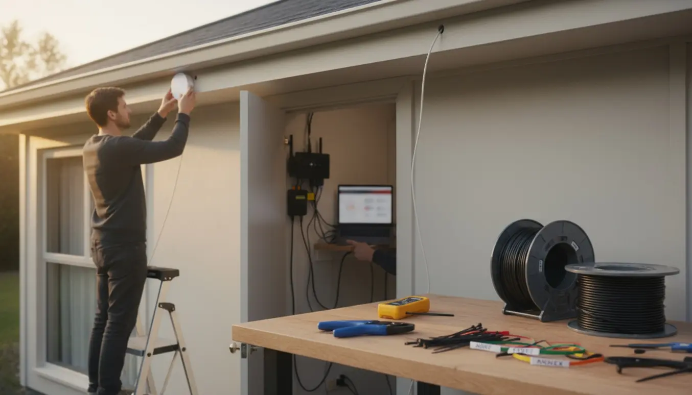 Installering af en UniFi-accesspoint på et anneks med kabler og netværksudstyr i baggrunden.