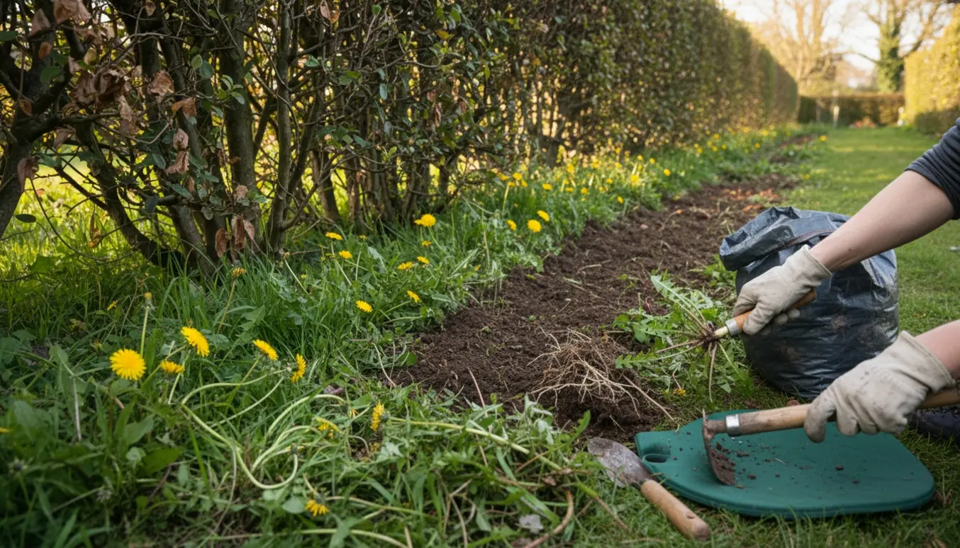 Bunden af en tilgroet hæk hvor hænder fjerner ukrudt med håndredskaber og samler det i en spand.