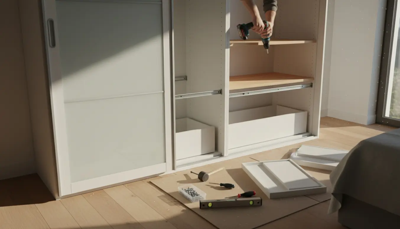 Halvfærdigt skydedørsskab under samling med hylder og skuffekomponenter og hænder, der arbejder med værktøj.